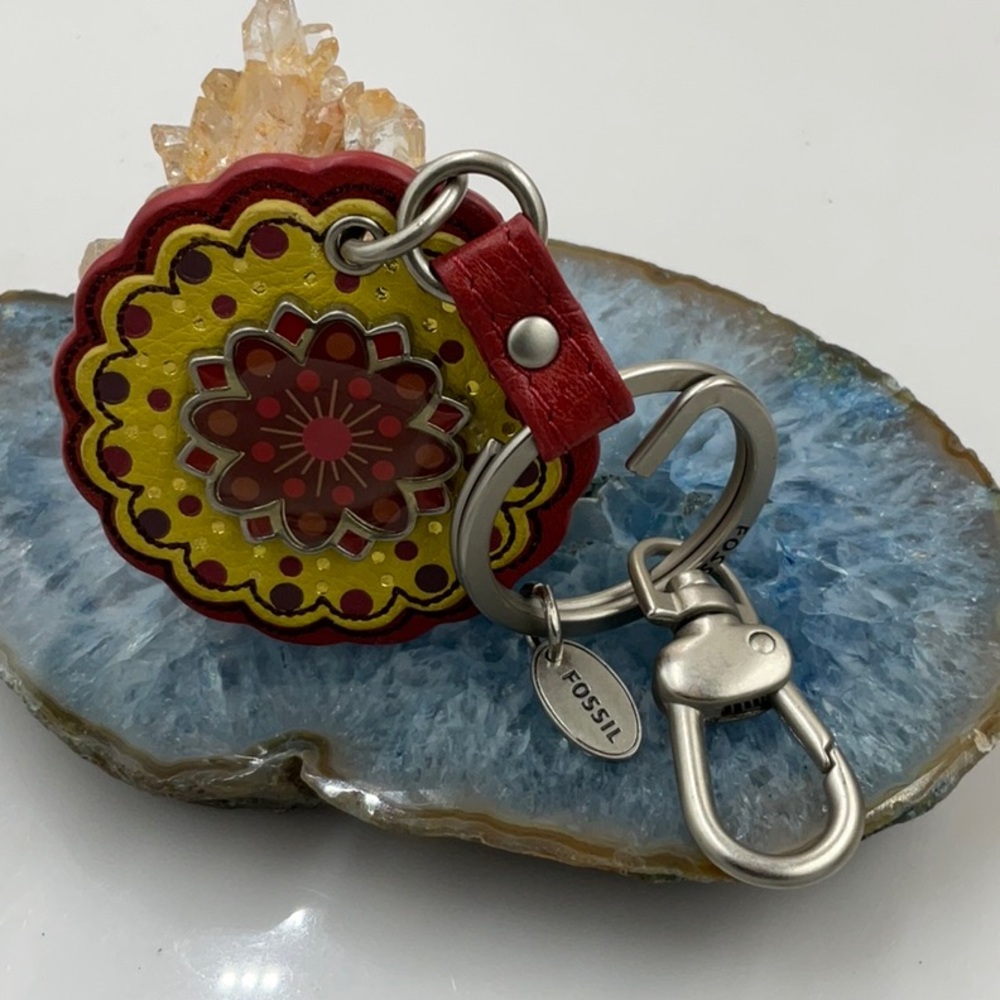 Vintage Fossil Red & Yellow Leather Keychain With Red & Silver Flower Medallion